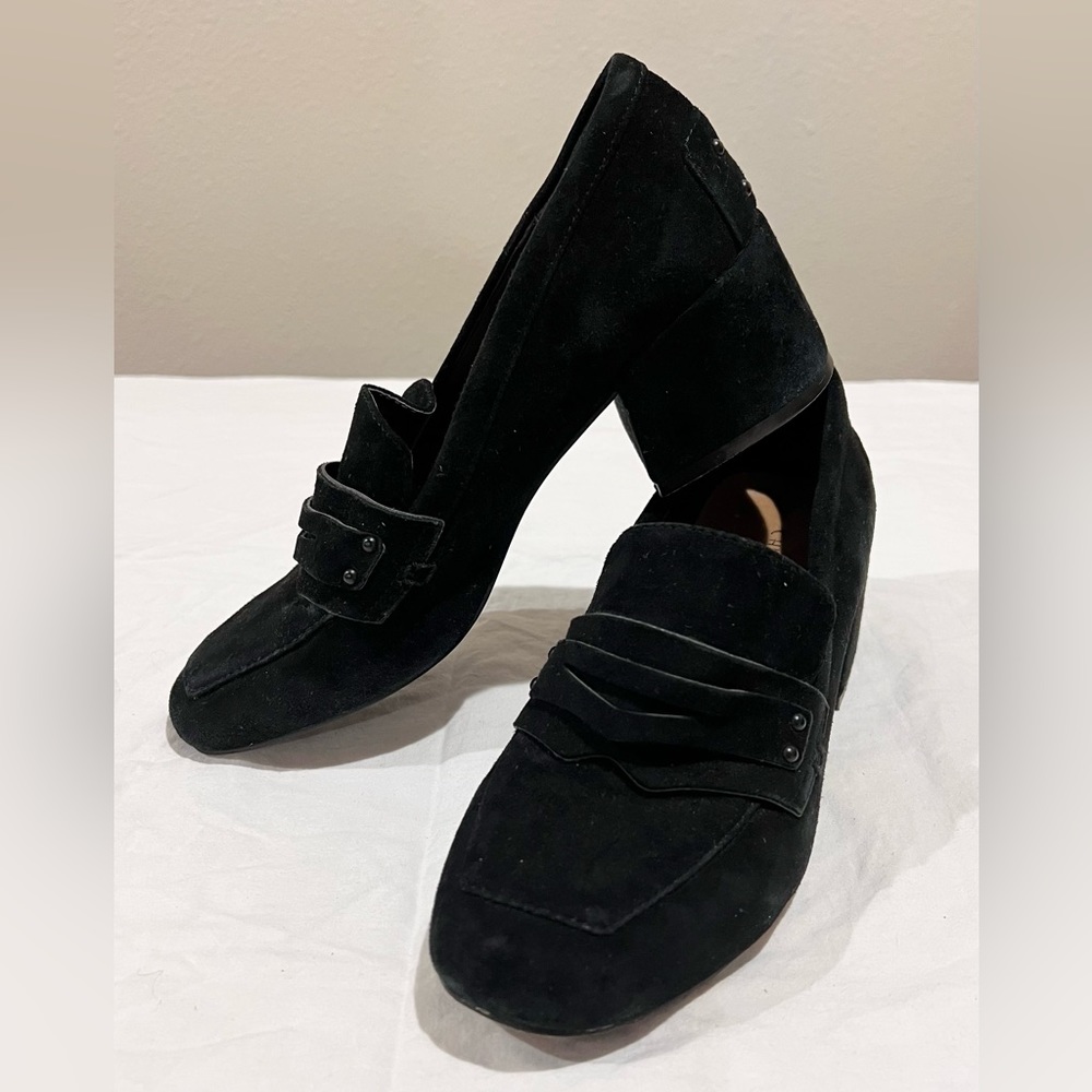 Chinese Laundry Marilyn Suede Leather Penny Loafer Block Heels - Black